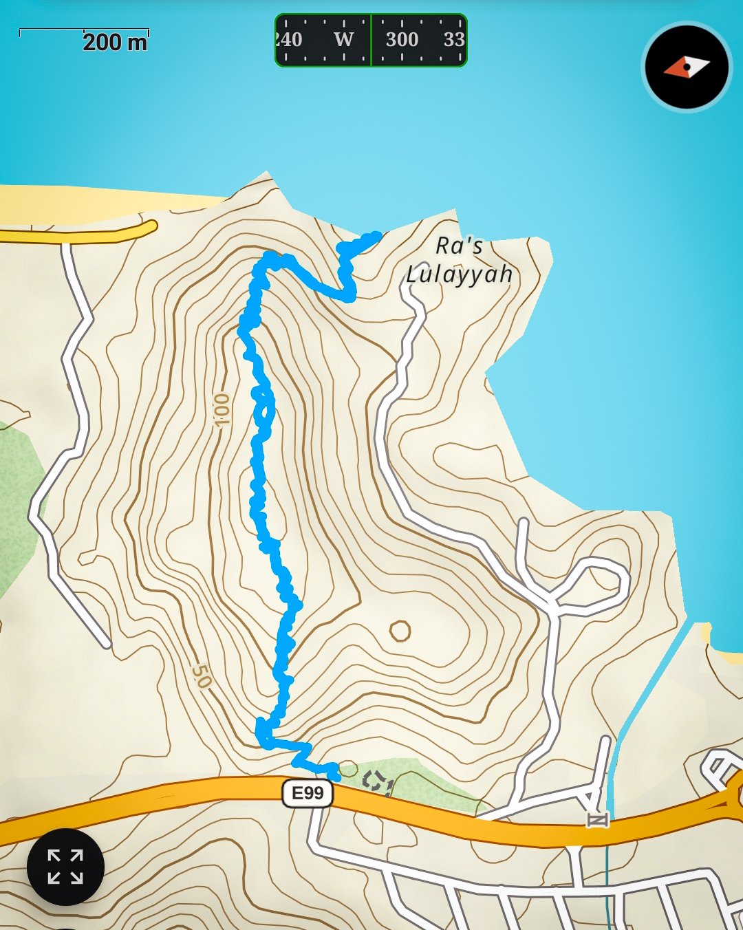Gaia GPS map showing the hiking route from Al Suwaifa Park to Secret Beach in Khorfakkan, with blue track following a mountain trail.